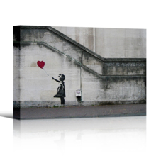 Banksy canvas wall decor print of Girl With Balloon there is always hope shown in 3-d with a drop shadow against a white backdrop. 