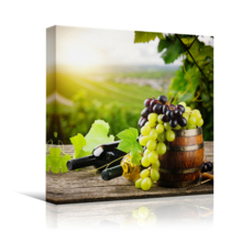 Canvas Prints Wall Art - Bottles of red and White Wine with Fresh Grape on Vineyard | Modern Home Deoration/Wall Art Giclee Printing Wrapped Canvas Art Ready to Hang - 24" x 24"