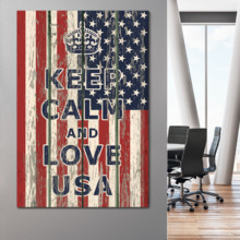 Canvas Prints Wall Art - Keep Calm and Love USA Quote on Vintage Wood Board Style USA Flag - 24" x 16"