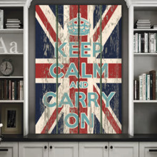 Canvas Prints Wall Art - Keep Calm and Carry On Quote on Vintage Wood Board Style UK Flag - 36" x 24"