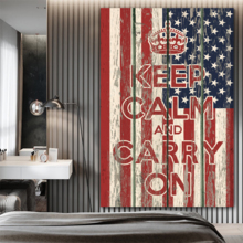 Canvas Prints Wall Art - Keep Calm and Carry On Quote on Vintage Wood Board Style USA Flag - 36" x 24"