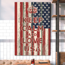 Canvas Prints Wall Art - Keep Calm and Love USA Quote on Vintage Wood Board Style USA Flag - 36" x 24"