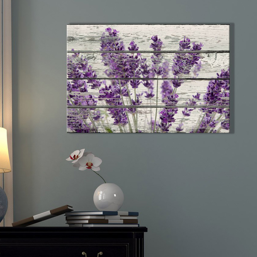 Canvas Prints Wall Art - Retro Style Purple Flowers on Vintage Wood Background Rustic Home Decoration - 32