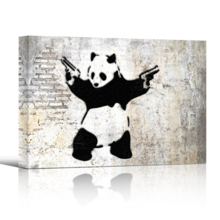 Banksy canvas wall decor print of Panda With Guns Stick Em Up shown in 3-d with a drop shadow against a white backdrop. 