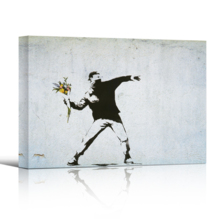 Banksy canvas wall decor print of Rage The Flower Thrower love is in the air shown in 3-d with a drop shadow against a white backdrop. 