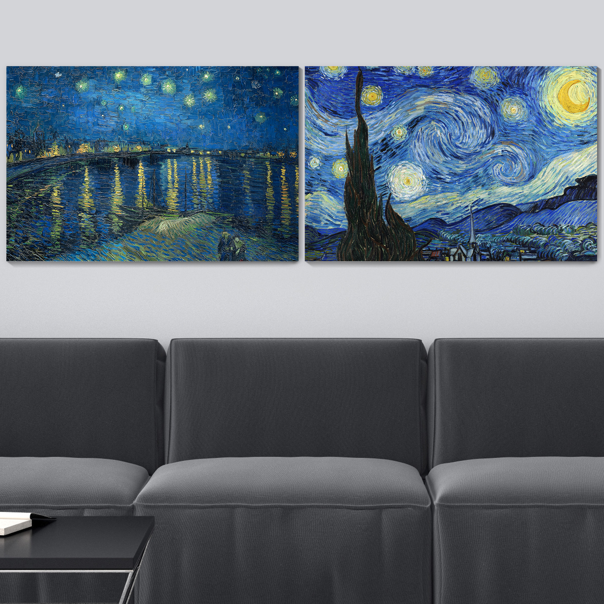 Starry Night & Over The Rhone River Canvas Prints Set of 2 - Reproduction of Van Gogh/Ready to Hang - 16