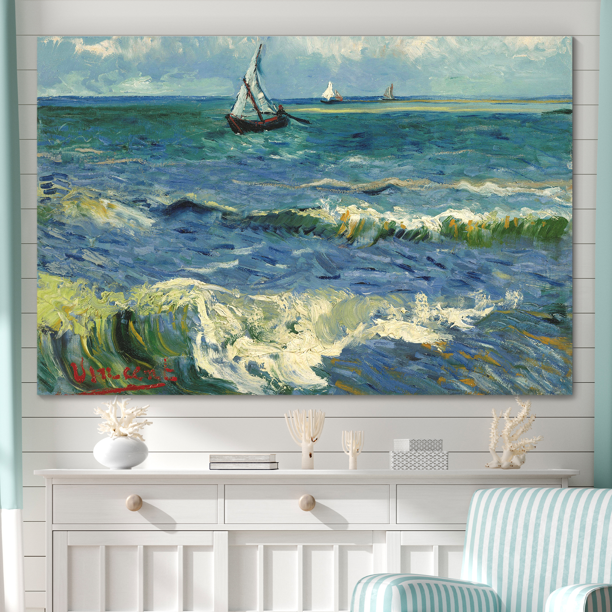 Seascape near Les Saintes Maries De La Mer by Vincent Van Gogh - Oil Painting Reproduction on Canvas Prints Wall Art, Ready to Hang - 24