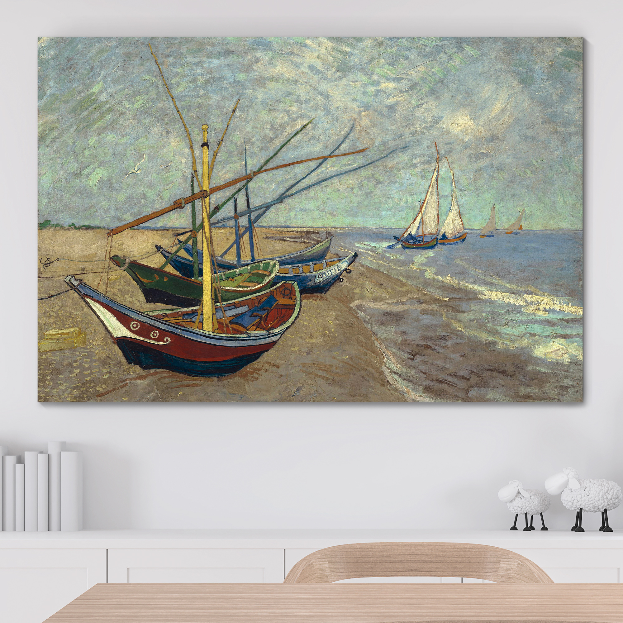 Fishing Boats on the Beach at Les Saintes-Maries-de-la-Mer by Vincent Van Gogh - Oil Painting Reproduction on Canvas Prints Wall Art, Ready to Hang - 24