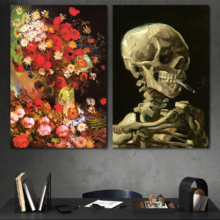 Wall26 - Vase with Poppies, Cornflowers, Peonies and Chrysanthemums/Skull of a Skeleton with Burning Cigarette by Vincent Van Gogh - Oil Painting Reproduction in Set of 2-16" x 24" x 2 Panels