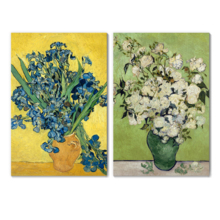 Wall26 - Still Life: Vase with Pink Roses/Irises by Vincent Van Gogh - Oil Painting Reproduction in Set of 2 | Canvas Prints Wall Art, Ready to Hang - 16" x 24" x 2 Panels