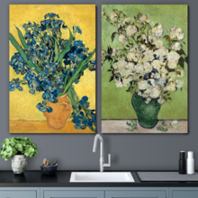 Wall26 - Still Life: Vase with Pink Roses/Irises by Vincent Van Gogh - Oil Painting Reproduction in Set of 2 | Canvas Prints Wall Art, Ready to Hang - 16" x 24" x 2 Panels