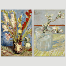 Sprig of Flowering Almond in a Glass/Vase with Gladioli and China Asters by Vincent Van Gogh - Oil Painting Reproduction in Set of 2-16" x 24" x 2 Panels