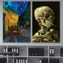 Cafe Terrace at Night/Skull of a Skeleton with Burning Cigarette by Vincent Van Gogh - Oil Painting Reproduction in Set of 2 | Canvas Prints Wall Art, Ready to Hang - 16" x 24" x 2 Panels