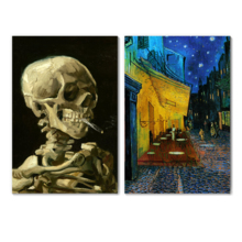 Cafe Terrace at Night/Skull of a Skeleton with Burning Cigarette by Vincent Van Gogh - Oil Painting Reproduction in Set of 2 | Canvas Prints Wall Art, Ready to Hang - 16" x 24" x 2 Panels