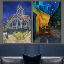 Wall26 - Cafe Terrace at Night/The Church at Auvers by Vincent Van Gogh - Oil Painting Reproduction in Set of 2 | Canvas Prints Wall Art, Ready to Hang - 16" x 24" x 2 Panels