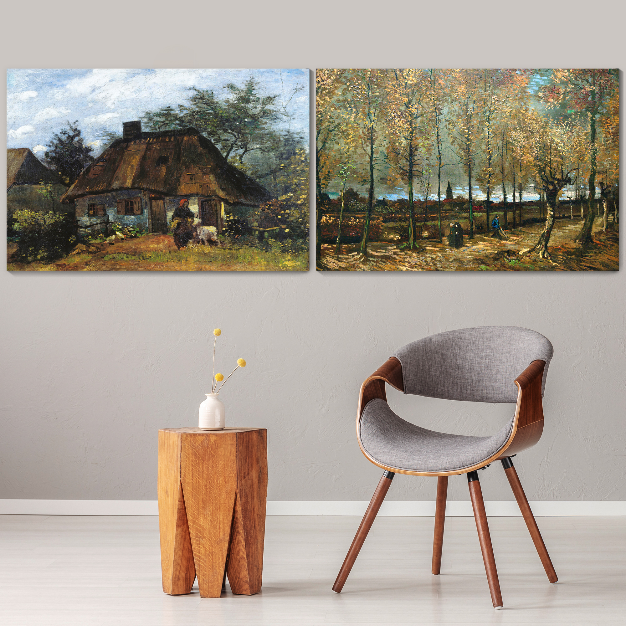 Wall26 - Lane with Poplars near Nuenen/Farmhouse in Nuenen by Vincent Van Gogh - Oil Painting Reproduction in Set of 2 | Canvas Prints Wall Art, Ready to Hang - 16