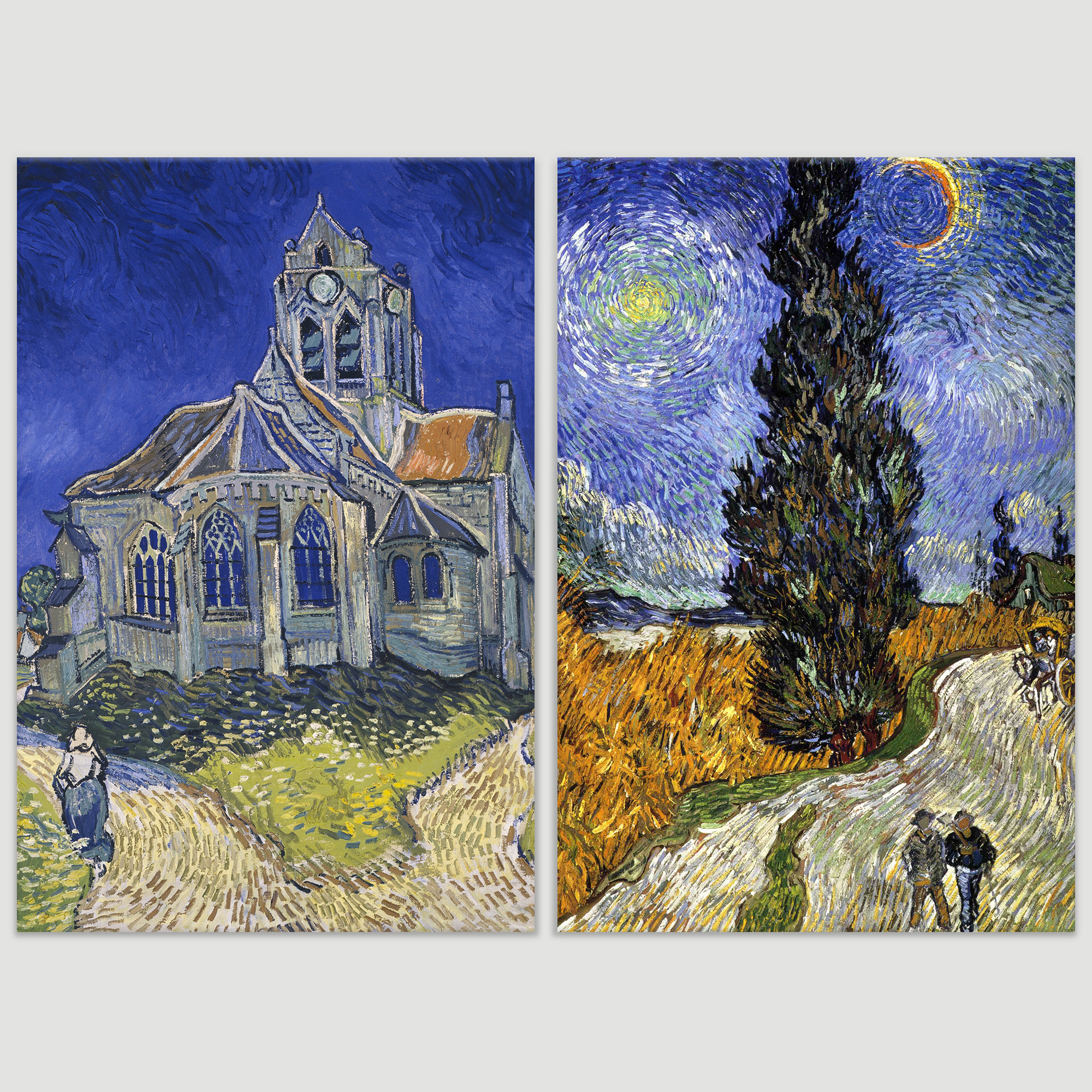 Wall26 - Cypresses/The Church at Auvers by Vincent Van Gogh - Oil Painting Reproduction in Set of 2 | Canvas Prints Wall Art, Ready to Hang - 16