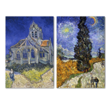 Wall26 - Cypresses/The Church at Auvers by Vincent Van Gogh - Oil Painting Reproduction in Set of 2 | Canvas Prints Wall Art, Ready to Hang - 16" x 24" x 2 Panels