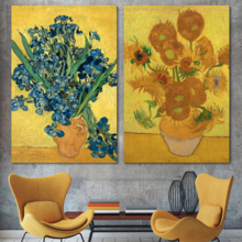 The Sunflowers/Irises by Vincent Van Gogh - Oil Painting Reproduction in Set of 2 | Canvas Prints Wall Art, Ready to Hang - 16" x 24" x 2 Panels
