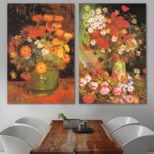 Bowl with Peonies and Roses/Vase with Zinnias by Vincent Van Gogh - Oil Painting Reproduction in Set of 2 | Canvas Prints Wall Art, Ready to Hang - 16" x 24" x 2 Panels