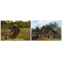 Wall26 - Cottage and Woman with Goat/Peasant Woman Digging Up Potatoes by Vincent Van Gogh - Oil Painting Reproduction in Set of 2 | Canvas Prints Wall Art, Ready to Hang - 16" x 24" x 2 Panels