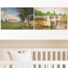 Wall26? - Farmhouse in a Wheat Field/The Seine with the Pont de la Grande Jatte by Vincent Van Gogh | Canvas Prints Wall Art, Ready to Hang - 16" x 24" x 2 Panels