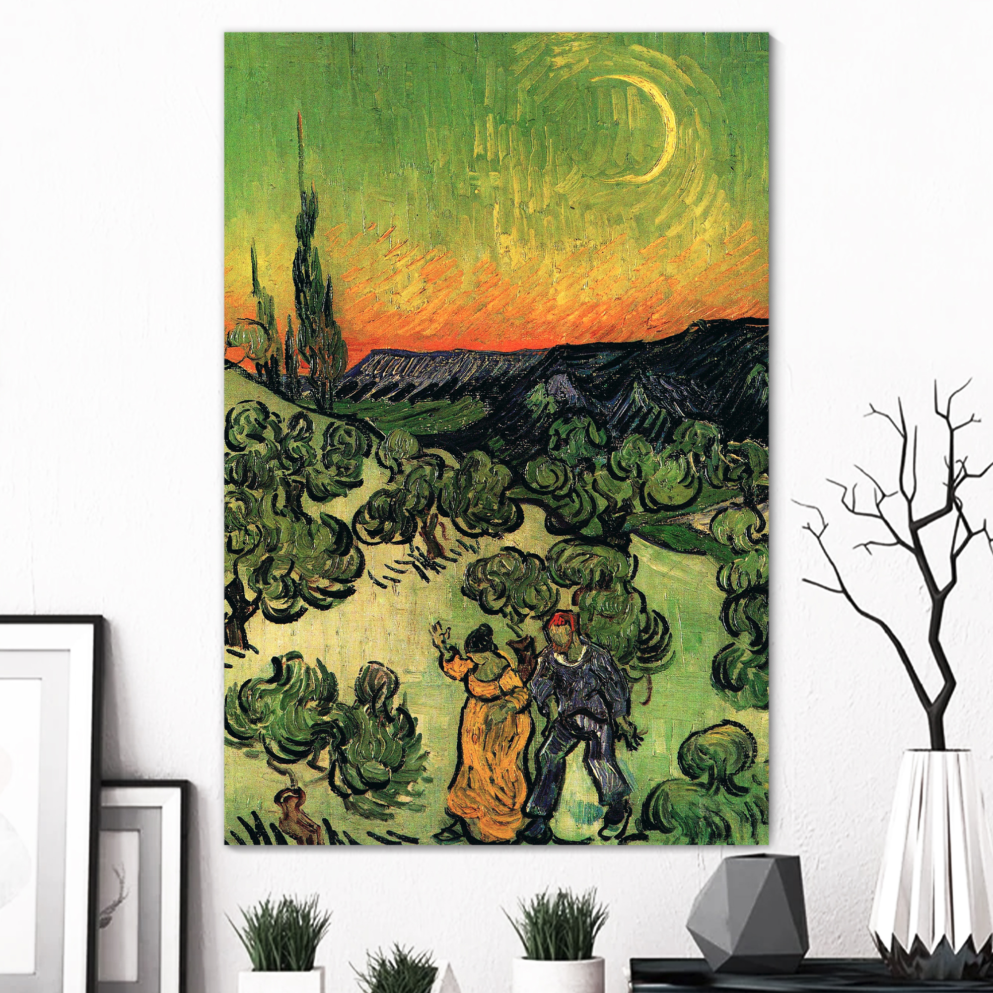 Landscape with Couple Walking and Crescent Moon by Vincent Van Gogh - Canvas Print Wall Art Famous Painting Reproduction - 16