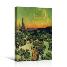 Landscape with Couple Walking and Crescent Moon by Vincent Van Gogh - Canvas Print Wall Art Famous Painting Reproduction - 24" x 36"