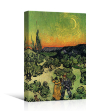 Landscape with Couple Walking and Crescent Moon by Vincent Van Gogh - Canvas Print Wall Art Famous Painting Reproduction - 12" x 18"