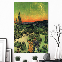 Landscape with Couple Walking and Crescent Moon by Vincent Van Gogh - Canvas Print Wall Art Famous Painting Reproduction - 12" x 18"