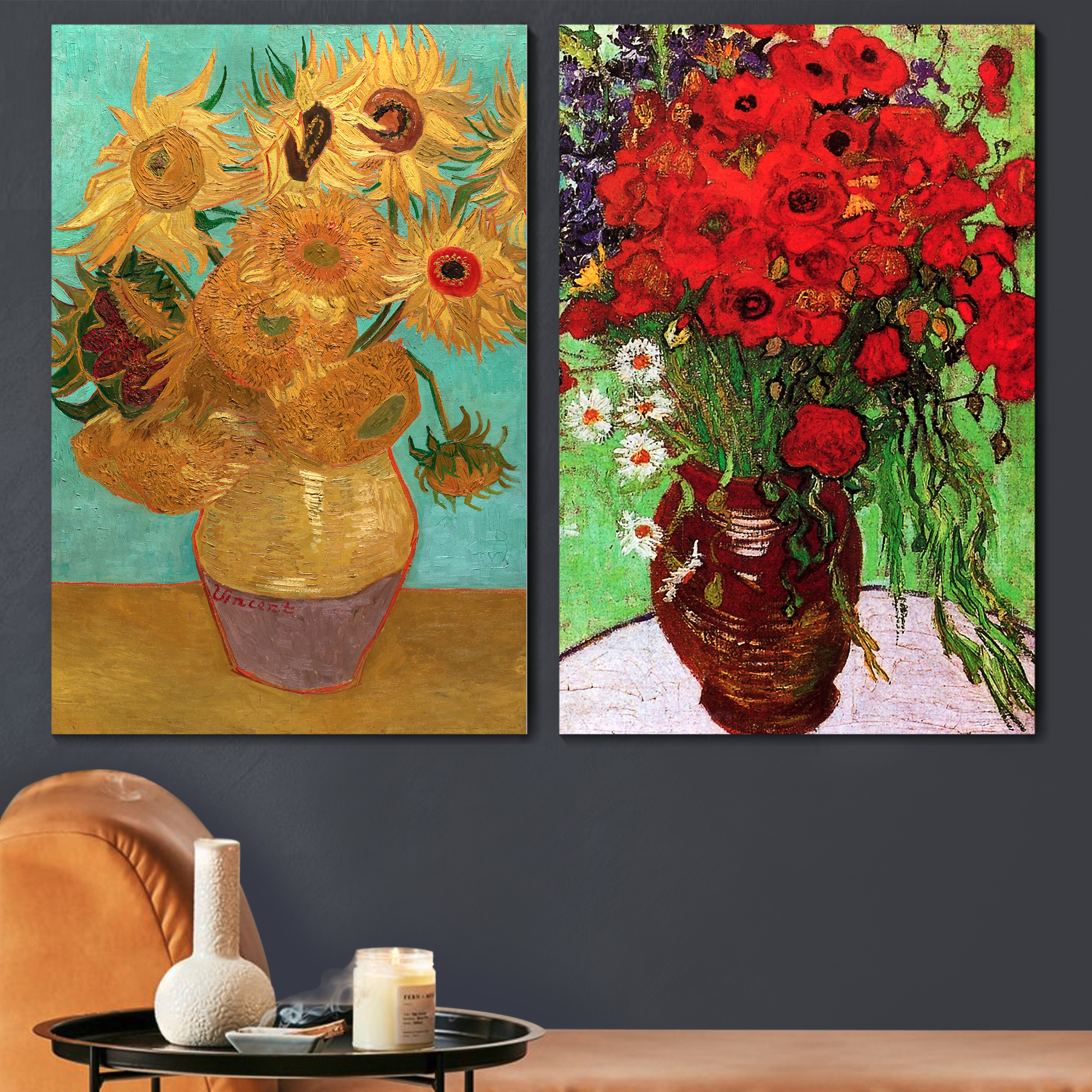 Famous Oil Painting Reproduction/ Replica Set of 2 - Still Life Vase with Twelve Sunflowers & Red Poppies and Daisies by Van Gogh Canvas Prints Wall Art/Ready to Hang Wrapped Canvas - 16