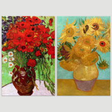 Famous Oil Painting Reproduction/ Replica Set of 2 - Still Life Vase with Twelve Sunflowers & Red Poppies and Daisies by Van Gogh Canvas Prints Wall Art/Ready to Hang Wrapped Canvas - 16"x24"x2 Panels