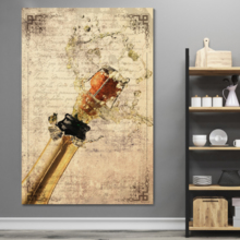 Canvas Wall Art - Cork Popping Out from The Wine Bottle on Vintage Letter Background - Gallery Wrap Modern Home Art | Ready to Hang - 24x36 inches