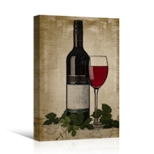 Canvas Wall Art - Red Wine Bottle and Glass on Vintage Background - Gallery Wrap Modern Home Art | Ready to Hang - 12x18 inches