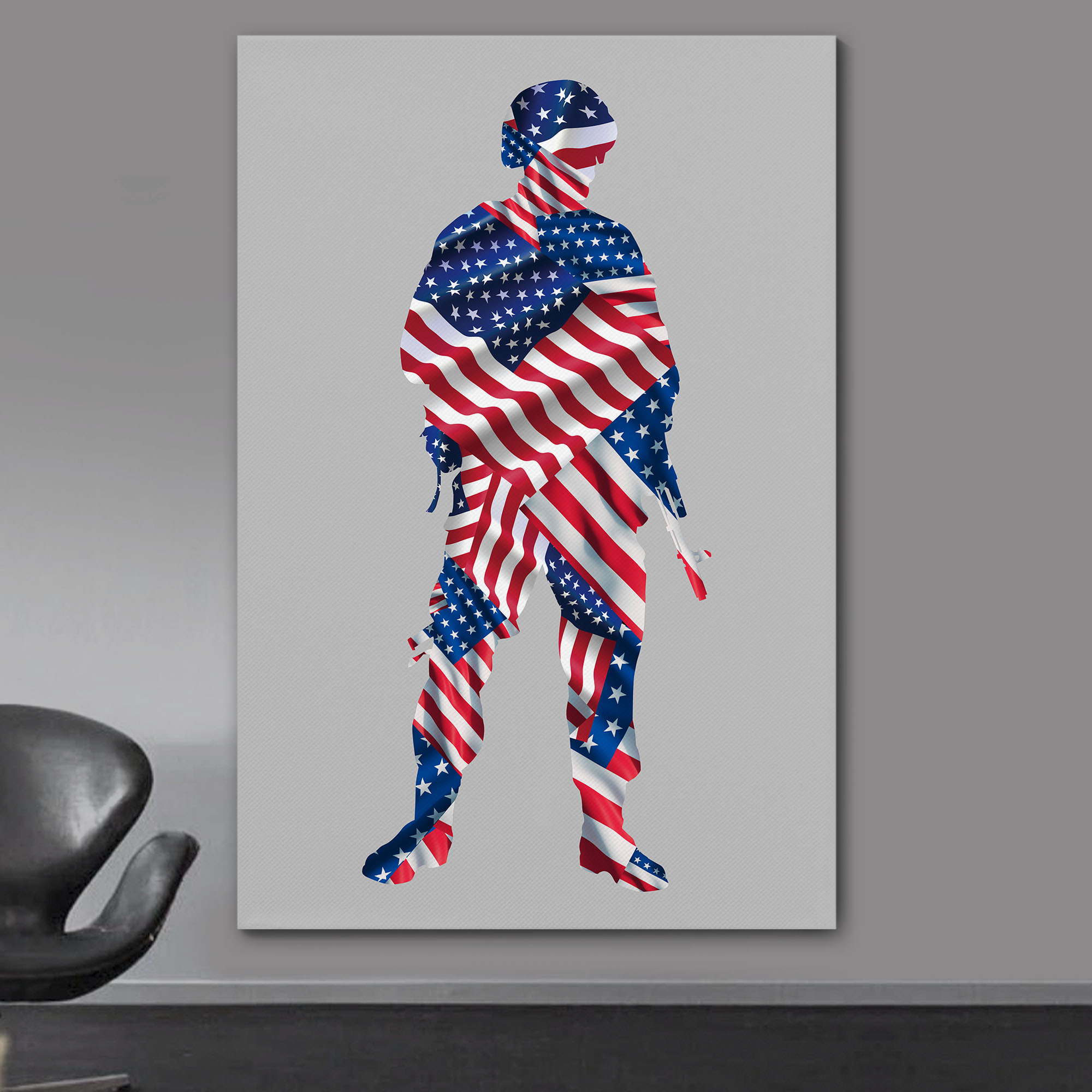 Military Family Canvas Wall Art - Soldier with Gun on American Flag Background - Gallery Wrap Modern Home Decor | Ready to Hang - 32x48 inches