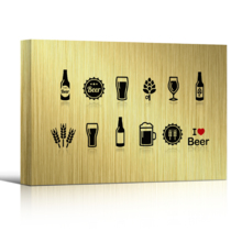 Canvas Wall Art - Beer Related Elements on Golden Background - Gallery Wrap Modern Home Art | Ready to Hang - 12x18 inches