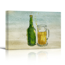 Canvas Wall Art - Beer Bottle and Glass on Vintage Background - Gallery Wrap Modern Home Art | Ready to Hang - 16x24 inches