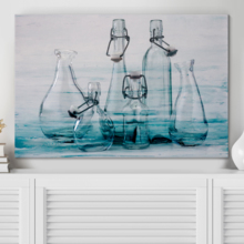 Canvas Wall Art - Empty Glass Bottles on Vintage Abstract Blue Textured Background - Gallery Wrap Modern Home Art | Ready to Hang - 12x18 inches