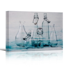 Canvas Wall Art - Empty Glass Bottles on Vintage Abstract Blue Textured Background - Gallery Wrap Modern Home Art | Ready to Hang - 24x36 inches