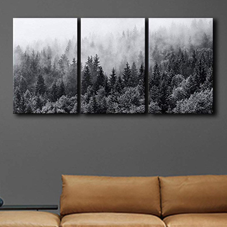 3 Piece Canvas Wall Art - Misty Forests of Evergreen Coniferous Trees in an Ethereal Landscape - Modern Home Art Stretched and Framed Ready to Hang - 16