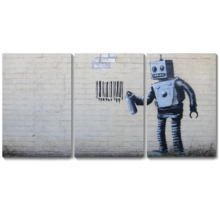 Banksy canvas wall decor print of Robot Artwork love is in the air shown in 3-d with a drop shadow against a white backdrop. 