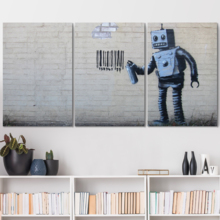 Banksy canvas wall art print of his famous work Robot Artwork in a modern living room.