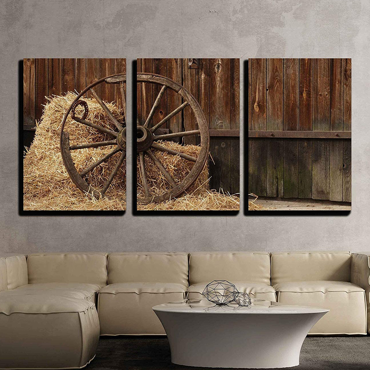 3 Piece Canvas Wall Art - The Old Antique Wheel from cart on Background of hay and barn - Modern Home Art Stretched and Framed Ready to Hang - 16