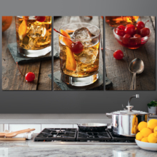 3 Piece Canvas Wall Art - Homemade Old Fashioned Cocktail with Cherries and Orange Peel - Modern Home Art Stretched and Framed Ready to Hang - 24"x36"x3 Panels