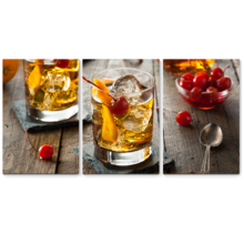 3 Piece Canvas Wall Art - Homemade Old Fashioned Cocktail with Cherries and Orange Peel - Modern Home Art Stretched and Framed Ready to Hang - 24"x36"x3 Panels