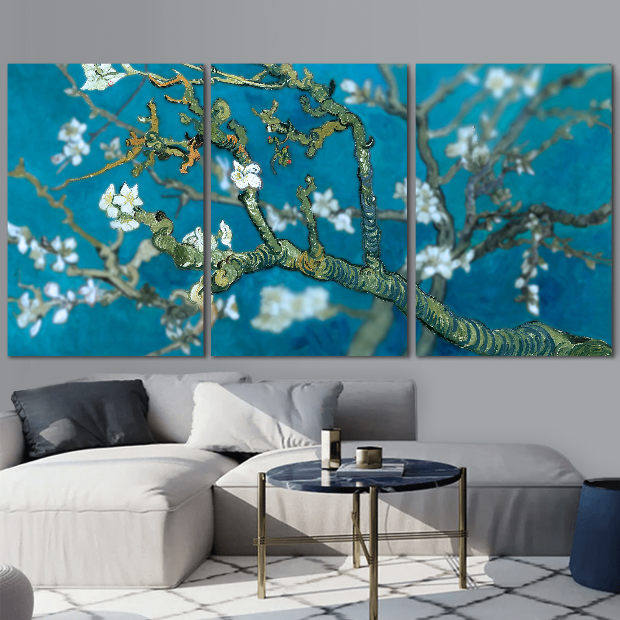 3 Piece Canvas Wall Art - Van Gogh's Masterpiece Almond Blossoms Retouched - Modern Home Art Stretched and Framed Ready to Hang - 16