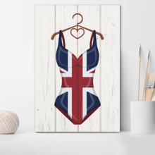 Canvas Wall Art - Women Swimming Suit with UK Flag Pattern on Vintage Wooden Background - Giclee Print Gallery Wrap Modern Home Art Ready to Hang - 16x24 inches