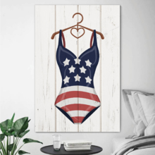 Canvas Wall Art - Women Swimming Suit with American Flag Pattern on Vintage Wooden Background - Giclee Print Gallery Wrap Modern Home Art Ready to Hang - 32x48 inches