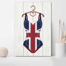 Canvas Wall Art - Women Swimming Suit with UK Flag Pattern on Vintage Wooden Background - Giclee Print Gallery Wrap Modern Home Art Ready to Hang - 12x18 inches