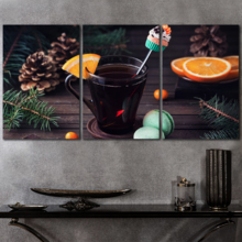 3 Piece Canvas Wall Art - Decorative Spoon with Cupcake in The Glass with Tea and Oranges Slice Near Green Macarons - Modern Home Art Stretched and Framed Ready to Hang - 16"x24"x3 Panels